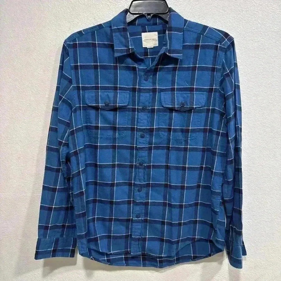 American Eagle Mens Shirt Large Blue  plaid flannel button down - Picture 1 of 10